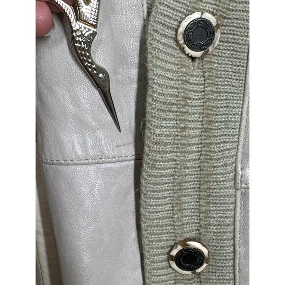 VTG SAXONY Leather Sweater Cardigan M Tan Color Block Dad Grandpa Aesthetic - Picture 9 of 16